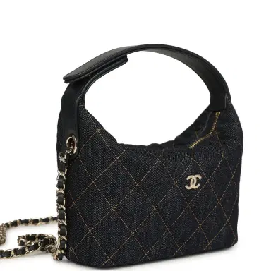 Chanel Chanel Mini Hobo Pouch with Chain Dark Blue Denim and Leather Light Gold Hardware | Thumbnail 2