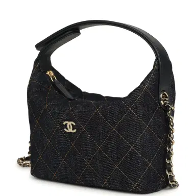 Chanel Chanel Mini Hobo Pouch with Chain Dark Blue Denim and Leather Light Gold Hardware | Thumbnail 3