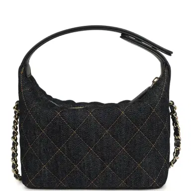 Chanel Chanel Mini Hobo Pouch with Chain Dark Blue Denim and Leather Light Gold Hardware | Thumbnail 5