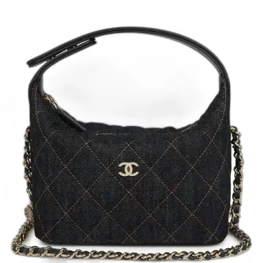 Chanel Chanel Mini Hobo Pouch with Chain Dark Blue Denim and Leather Light Gold Hardware | Thumbnail 1