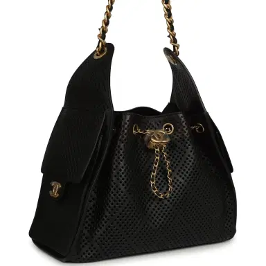 Chanel Chanel Small 25 Hobo Bag Black Perforated Calfskin Antique Gold Hardware | Thumbnail 2