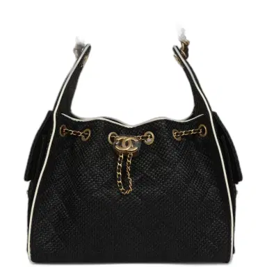 Chanel Chanel Small 25 Hobo Bag Black Raffia and White Calfskin Antique Gold Hardware | Thumbnail 1 Chanel Chanel Small 25 Hobo Bag Black Raffia and White Calfskin Antique Gold Hardware | Thumbnail 1