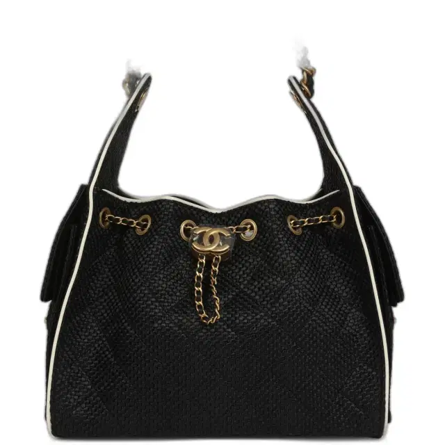 Chanel Chanel Small 25 Hobo Bag Black Raffia and White Calfskin Antique Gold Hardware