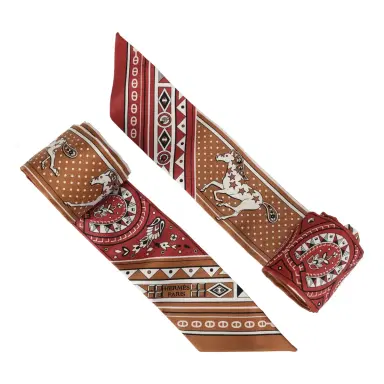 HERMÈS Hermes "Cheval De Coeur Bandana" Caramel, Terre De Sienne and Blanc Multi Silk Twilly Pair | Thumbnail 4 HERMÈS Hermes "Cheval De Coeur Bandana" Caramel, Terre De Sienne and Blanc Multi Silk Twilly Pair | Thumbnail 4