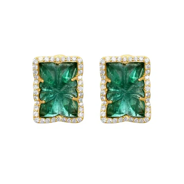GOSHWARA Goshwara G-One 18K Yellow Gold Carved Emerald & Diamond Earrings by The Solist
