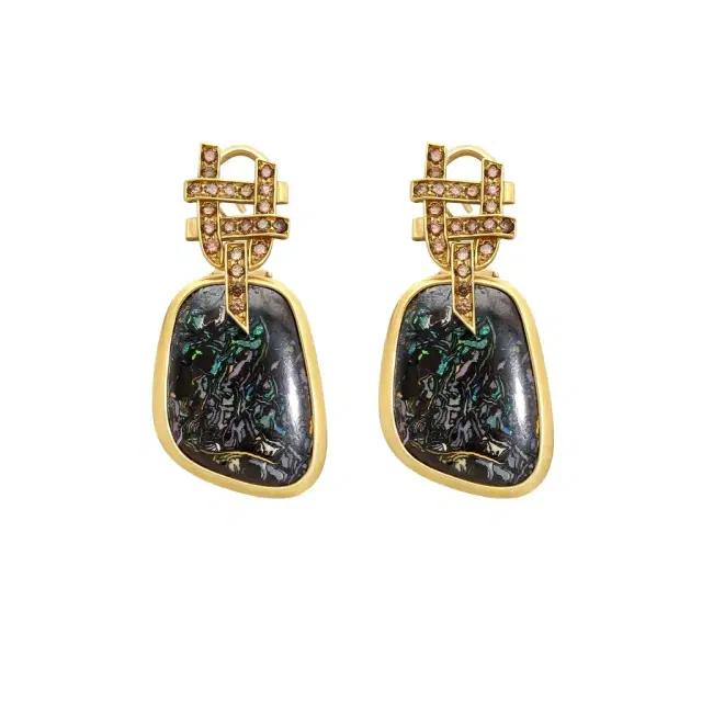 GOSHWARA Goshwara G-One 18K Yellow Gold Yowah Nut Opal & Brown Diamond Earrings by The Solist