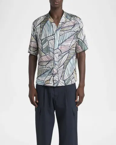 Giorgio Armani Men's Palm-Print Silk Twill Camp Shirt | Thumbnail 2 Giorgio Armani Men's Palm-Print Silk Twill Camp Shirt | Thumbnail 2