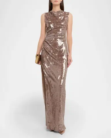 Lapointe Sheer Sequin Ruched Gown with Slit | Thumbnail 2 Lapointe Sheer Sequin Ruched Gown with Slit | Thumbnail 2