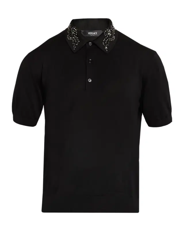 Men 's Silk Knit Embellished-Collar Polo Sweater