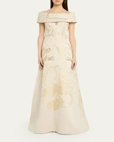 Rickie Freeman for Teri Jon Off-Shoulder Metallic Floral Jacquard Gown | Thumbnail 2 Rickie Freeman for Teri Jon Off-Shoulder Metallic Floral Jacquard Gown | Thumbnail 2