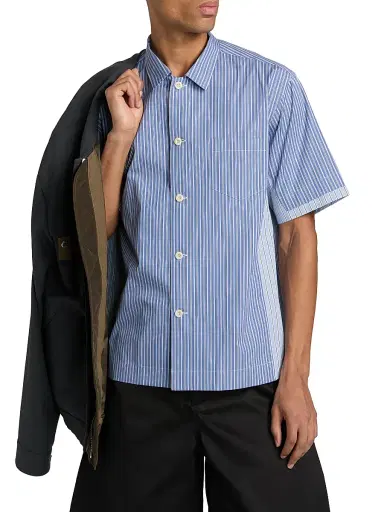 Sacai Men's Striped Cotton Poplin Short-Sleeve Shirt - Blue Stripe - Size XL | Thumbnail 3