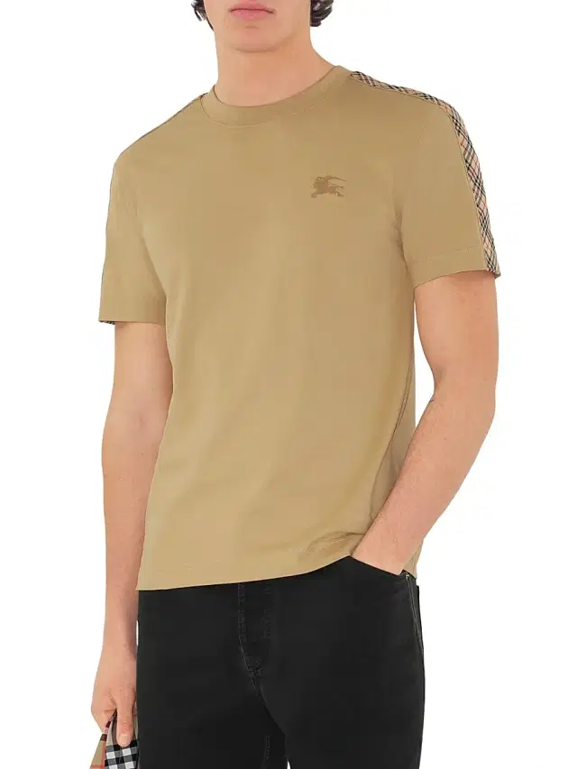 Burberry Men's Check Shoulder Cotton T-Shirt - Flax