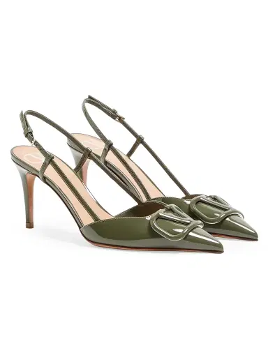 Valentino Garavani Women's VLogo Signature 80MM Patent Leather Slingback Pumps - Military Green - Size 5.5 | Thumbnail 2