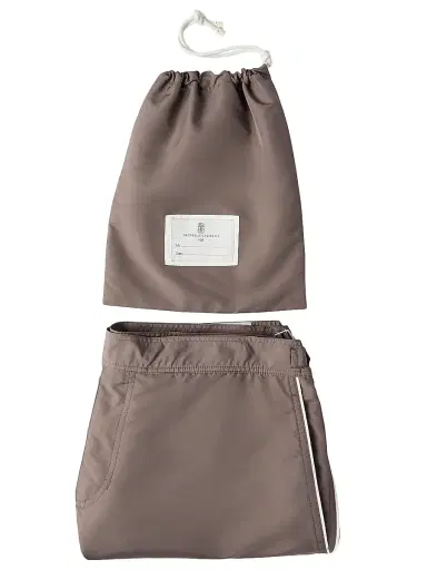 Brunello Cucinelli Men's Nylon Swim Shorts with Tabbed Waistband and Piping - Hazelnut - Size Large | Thumbnail 4 Brunello Cucinelli Men's Nylon Swim Shorts with Tabbed Waistband and Piping - Hazelnut - Size Large | Thumbnail 4