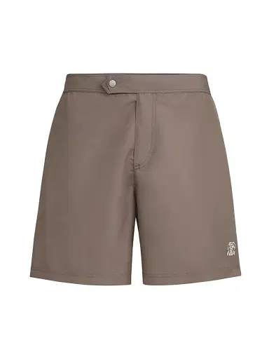 Brunello Cucinelli Men's Nylon Swim Shorts with Tabbed Waistband and Piping - Hazelnut - Size Large | Thumbnail 1 Brunello Cucinelli Men's Nylon Swim Shorts with Tabbed Waistband and Piping - Hazelnut - Size Large | Thumbnail 1