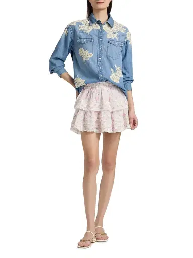 LoveShackFancy Women's Kelith Lace Appliqué Denim Shirt - Denim | Thumbnail 2 LoveShackFancy Women's Kelith Lace Appliqué Denim Shirt - Denim | Thumbnail 2