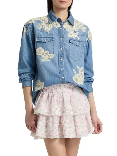 LoveShackFancy Women's Kelith Lace Appliqué Denim Shirt - Denim | Thumbnail 3 LoveShackFancy Women's Kelith Lace Appliqué Denim Shirt - Denim | Thumbnail 3