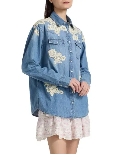LoveShackFancy Women's Kelith Lace Appliqué Denim Shirt - Denim | Thumbnail 4 LoveShackFancy Women's Kelith Lace Appliqué Denim Shirt - Denim | Thumbnail 4