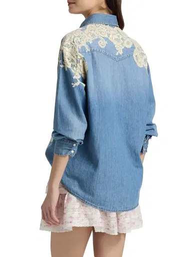LoveShackFancy Women's Kelith Lace Appliqué Denim Shirt - Denim | Thumbnail 5 LoveShackFancy Women's Kelith Lace Appliqué Denim Shirt - Denim | Thumbnail 5