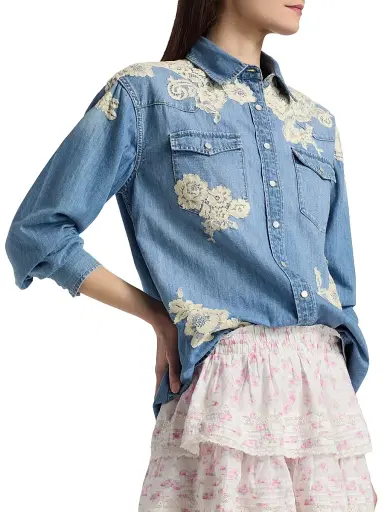LoveShackFancy Women's Kelith Lace Appliqué Denim Shirt - Denim | Thumbnail 6 LoveShackFancy Women's Kelith Lace Appliqué Denim Shirt - Denim | Thumbnail 6