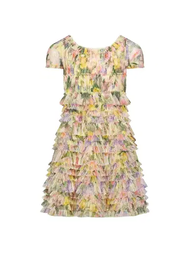 Mac Duggal Little Girl's & Girl's Floral Mesh Ruffle Dress - Yellow Multi | Thumbnail 1