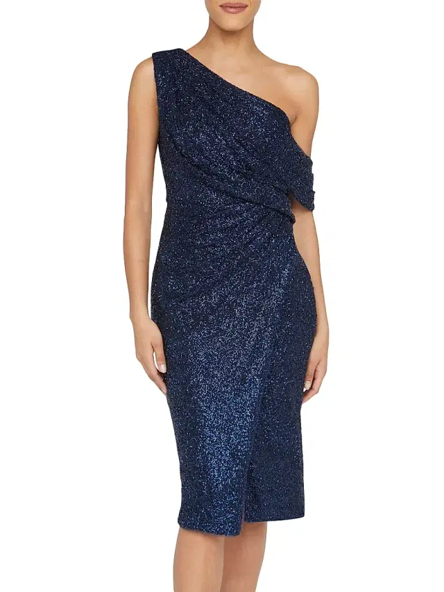 Theia Women's Briella Embellished Draped One-Shoulder Midi-Dress - Navy
