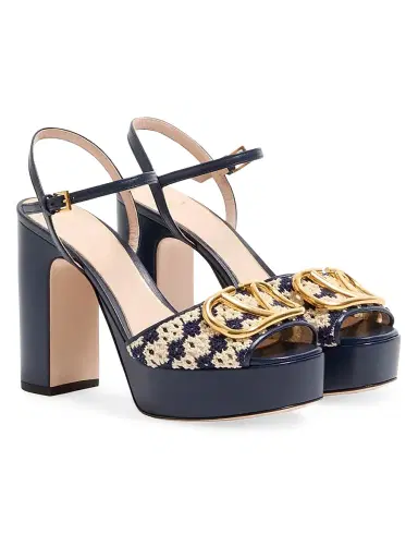 Valentino Garavani Women's VLogo Signature Platform Sandals in Crochet Fabric 115MM - Blue Beige - Size 11.5 | Thumbnail 2