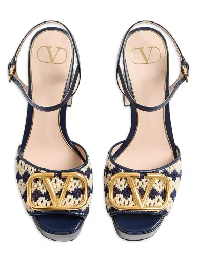 Valentino Garavani Women's VLogo Signature Platform Sandals in Crochet Fabric 115MM - Blue Beige - Size 11.5 | Thumbnail 4