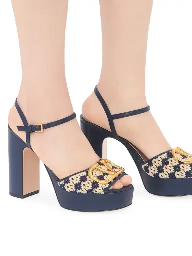 Valentino Garavani Women's VLogo Signature Platform Sandals in Crochet Fabric 115MM - Blue Beige - Size 11.5 | Thumbnail 7