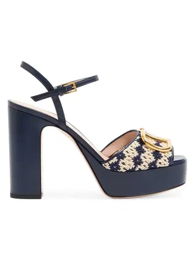 Valentino Garavani Women's VLogo Signature Platform Sandals in Crochet Fabric 115MM - Blue Beige - Size 11.5 | Thumbnail 1