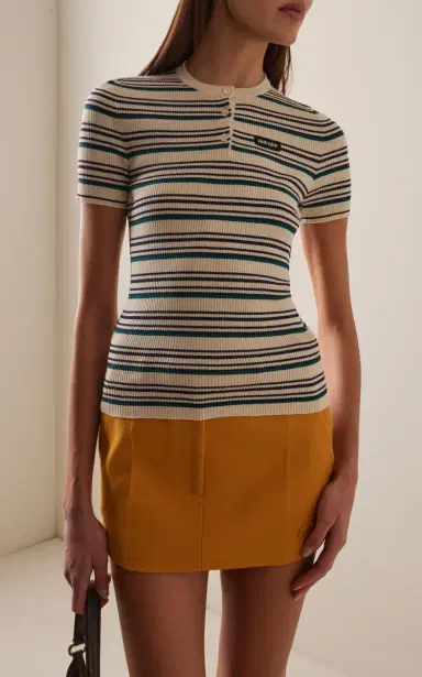 Miu Miu Striped Cotton Henley Top | Thumbnail 3