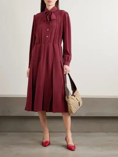 Gucci Pintucked Bow-detailed Silk Crepe De Chine Midi Shirt Dress | Thumbnail 2