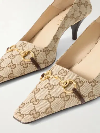 Gucci Vittoria Collapsible-heel Horsebit-embellished Leather-trimmed Canvas-jacquard Pumps | Thumbnail 5