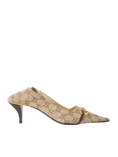 Gucci Vittoria Collapsible-heel Horsebit-embellished Leather-trimmed Canvas-jacquard Pumps | Thumbnail 1