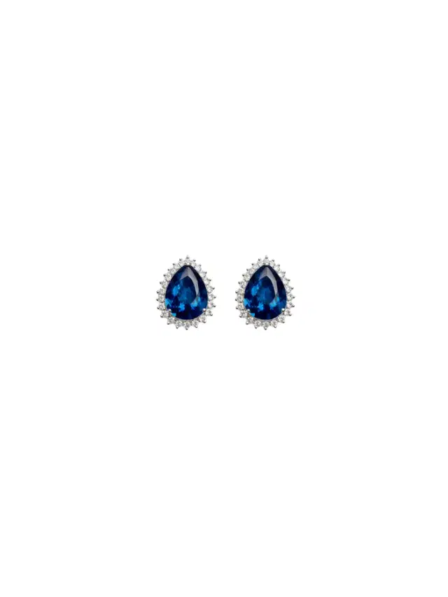 Wish Fine Jewelry 2.50ct Diamond Blue Sapphire 18K Gold Halo Pear Stud Earrings