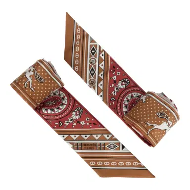HERMÈS Hermes "Cheval De Coeur Bandana" Caramel, Terre De Sienne and Blanc Multi Silk Twilly Pair | Thumbnail 4 HERMÈS Hermes "Cheval De Coeur Bandana" Caramel, Terre De Sienne and Blanc Multi Silk Twilly Pair | Thumbnail 4