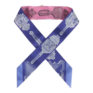 HERMÈS Hermes "Merveilleuses Lantern" Rose Bon Bon, Indigo Multi Silk Twilly Pair | Thumbnail 1 HERMÈS Hermes "Merveilleuses Lantern" Rose Bon Bon, Indigo Multi Silk Twilly Pair | Thumbnail 1