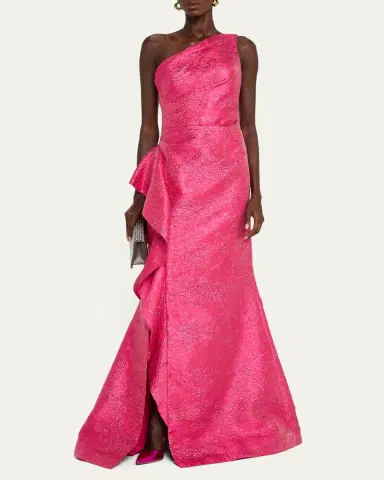 Rickie Freeman for Teri Jon One-Shoulder Metallic Jacquard Trumpet Gown | Thumbnail 4