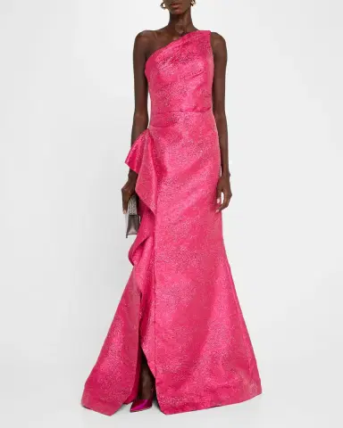 Rickie Freeman for Teri Jon One-Shoulder Metallic Jacquard Trumpet Gown | Thumbnail 8
