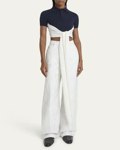 LOEWE Colorblock Cropped Backless Wool Cashmere Polo Sweater with Self-Tie | Thumbnail 2