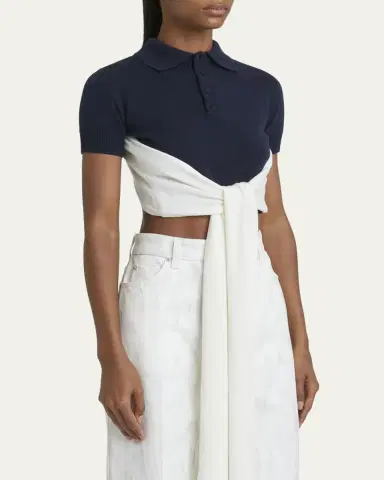 LOEWE Colorblock Cropped Backless Wool Cashmere Polo Sweater with Self-Tie | Thumbnail 4