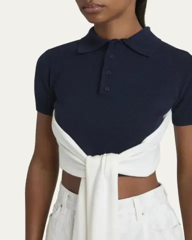 LOEWE Colorblock Cropped Backless Wool Cashmere Polo Sweater with Self-Tie | Thumbnail 5