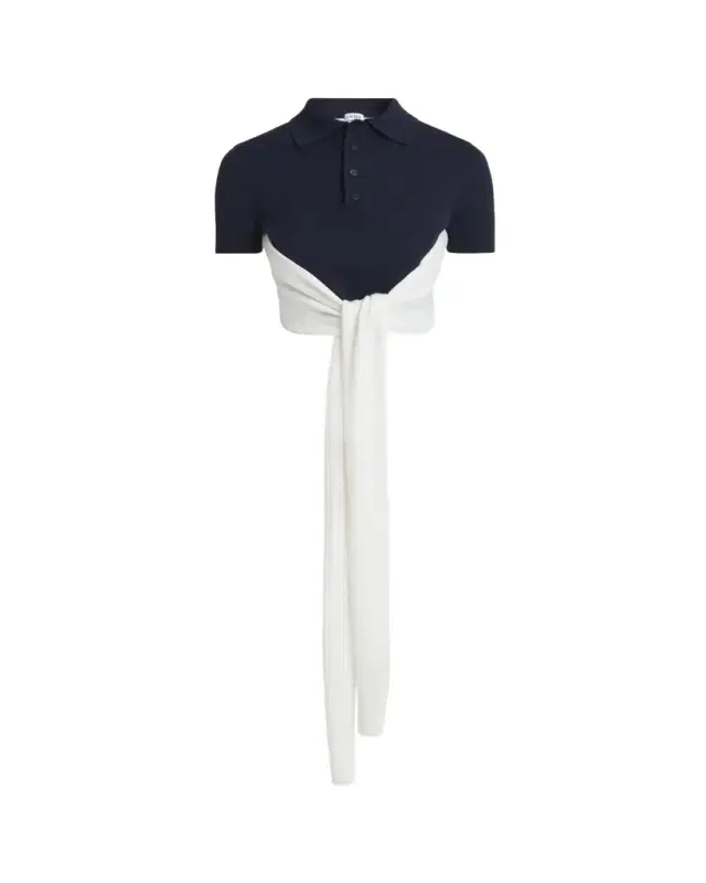 LOEWE Colorblock Cropped Backless Wool Cashmere Polo Sweater with Self-Tie