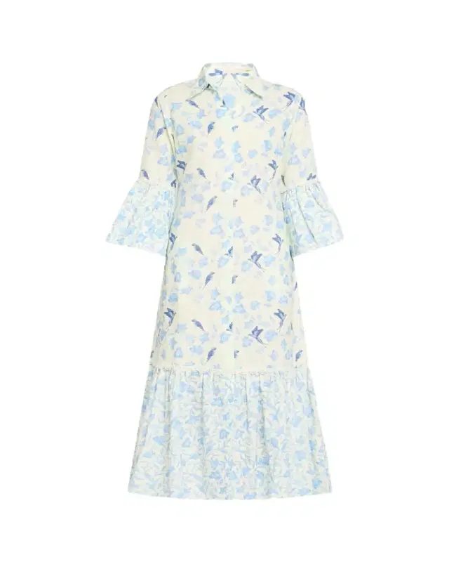 Floral Bird Linen-Cotton Midi Shirtdress