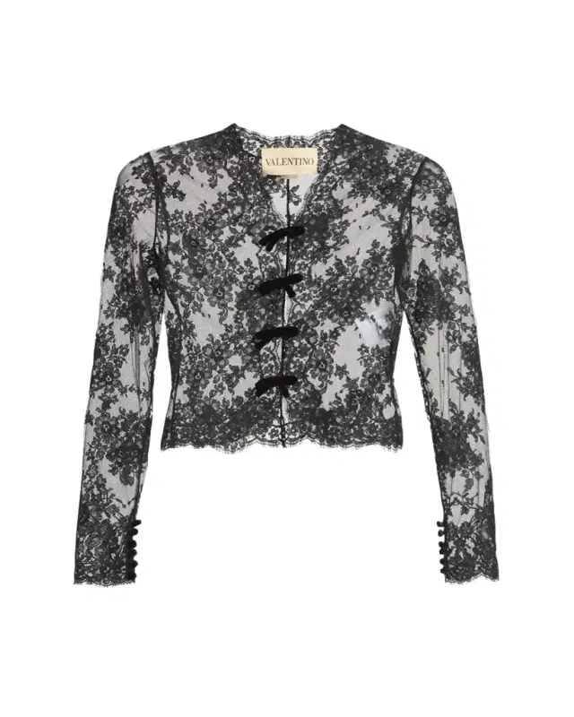 Sheer Lace Bow Long-Sleeve Blouse