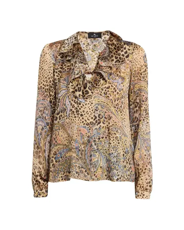 Leopard Paisley-Print Silk Ruffle Blouse