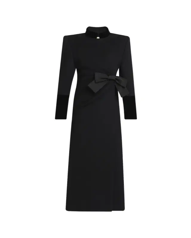 Velvet Bow Double-Breasted Wool-Cashmere Long Coat