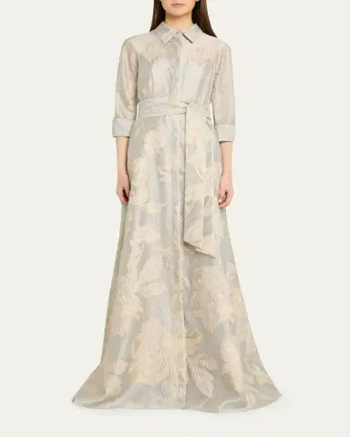 Rickie Freeman for Teri Jon Metallic Floral Jacquard Shirt Gown | Thumbnail 2 Rickie Freeman for Teri Jon Metallic Floral Jacquard Shirt Gown | Thumbnail 2