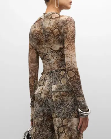 Lapointe Snakeskin-Print Mesh Mock-Neck Long-Sleeve Bodysuit | Thumbnail 3 Lapointe Snakeskin-Print Mesh Mock-Neck Long-Sleeve Bodysuit | Thumbnail 3