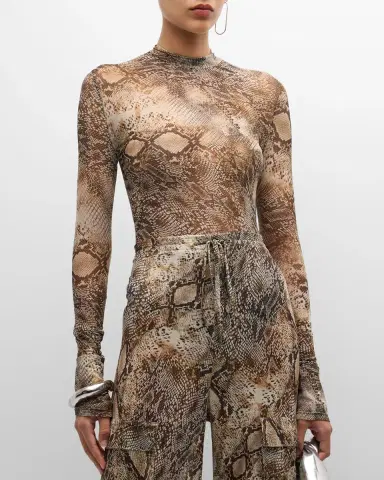 Lapointe Snakeskin-Print Mesh Mock-Neck Long-Sleeve Bodysuit | Thumbnail 4 Lapointe Snakeskin-Print Mesh Mock-Neck Long-Sleeve Bodysuit | Thumbnail 4
